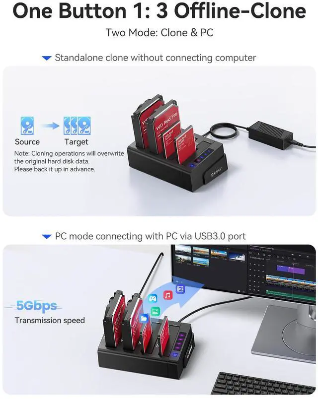 Alt view image 3 of 5 - ORICO 4 Bay External Hard Drive Docking Station USB 3.0 to SATA I/II/III for 2.5''/3.5'' HDD SSD with Hard Drive Clone Function Slope Design Support UASP [4 x 20TB]-6648US3