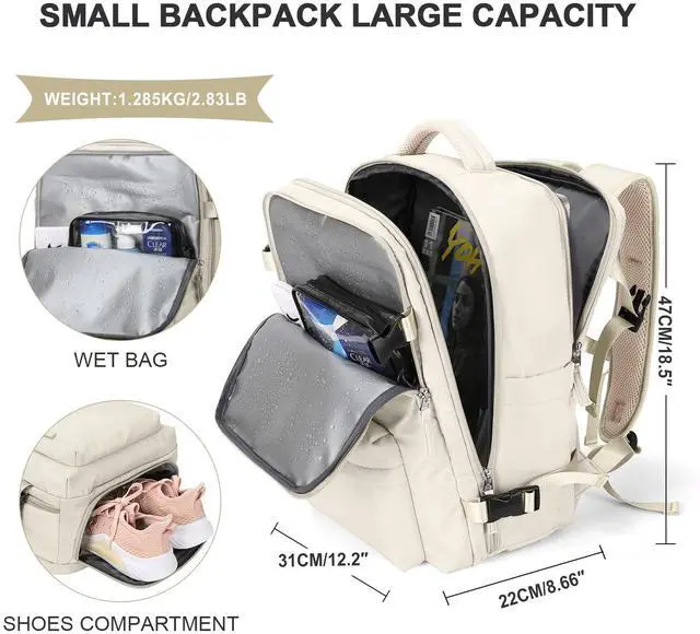 Alt view image 3 of 5 - Large Travel Backpack Women, Carry On Backpack,Hiking Backpack Waterproof Outdoor Sports Rucksack Casual Daypack with USB Charging Port Shoes Compartment,Beige