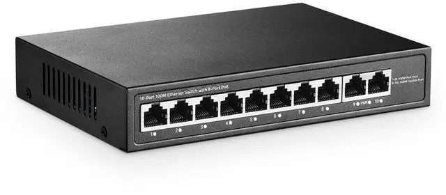 Main image of 10 Port Mini PoE Switch with 8 PoE+, 2 Uplink, 10/100Mbps Ethernet, 120W 802.3af/at PoE, Fanless Metal Plug & Play PoE+ YuLinca Network Switch