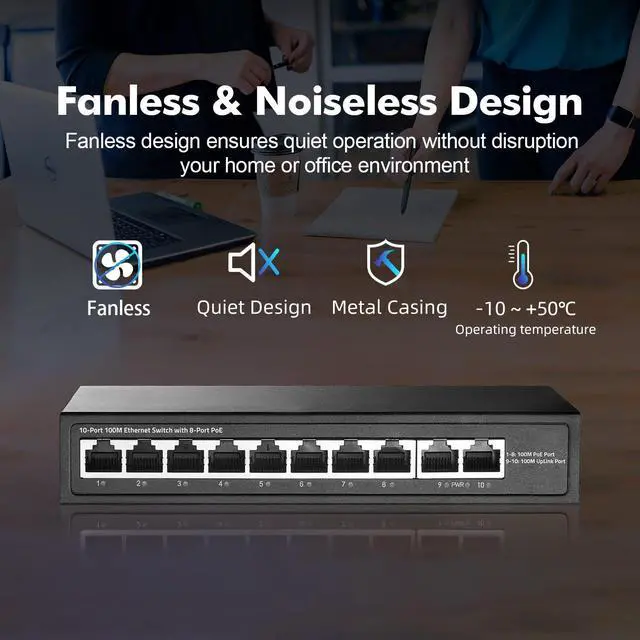 Alt view image 5 of 5 - 10 Port Mini PoE Switch with 8 PoE+, 2 Uplink, 10/100Mbps Ethernet, 120W 802.3af/at PoE, Fanless Metal Plug & Play PoE+ YuLinca Network Switch