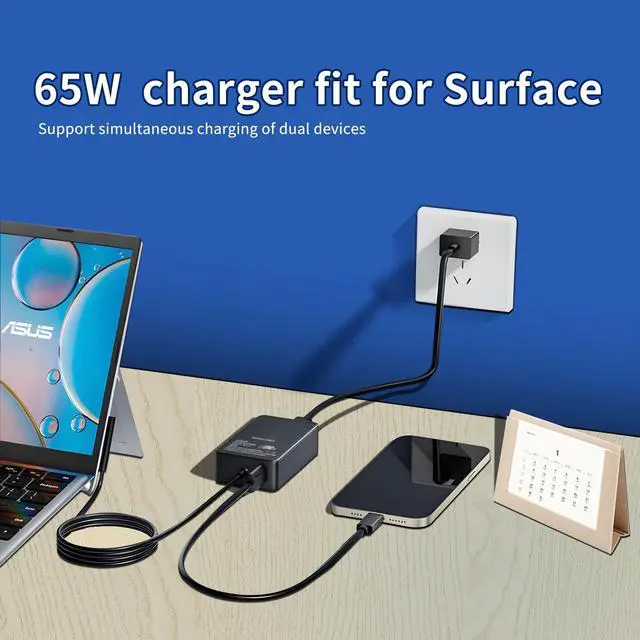 Alt view image 2 of 5 - 65W Surface Pro Laptop Charger for Microsoft Surface Pro X,10,9,8,7,6,5,4,Windows Surface Laptop 6,5,4,3,2,1,Power Cord for Surface Book 32, 1Surface Go 3,2,1 Tablet,Support 44W,36W