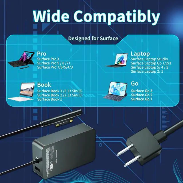 Alt view image 3 of 5 - 65W Surface Pro Laptop Charger for Microsoft Surface Pro X,10,9,8,7,6,5,4,Windows Surface Laptop 6,5,4,3,2,1,Power Cord for Surface Book 32, 1Surface Go 3,2,1 Tablet,Support 44W,36W
