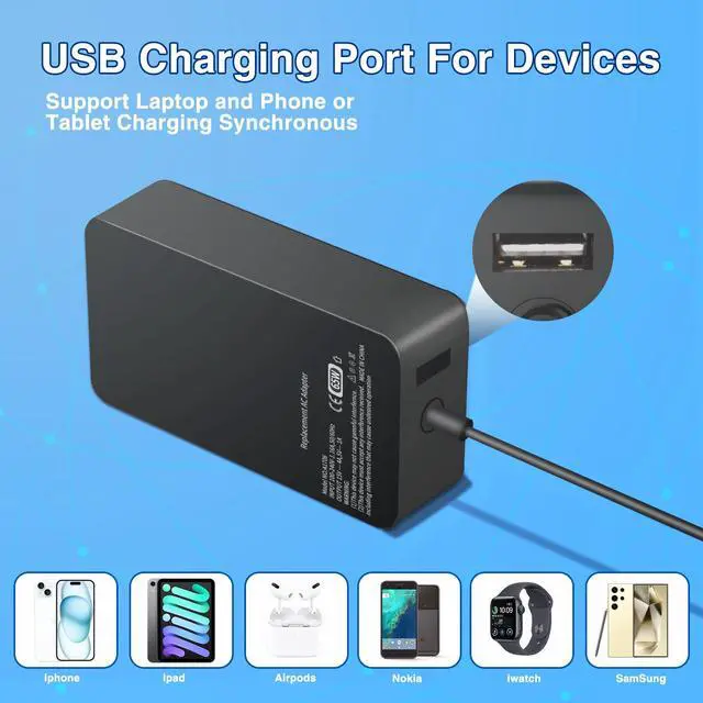 Alt view image 4 of 5 - 65W Surface Pro Laptop Charger for Microsoft Surface Pro X,10,9,8,7,6,5,4,Windows Surface Laptop 6,5,4,3,2,1,Power Cord for Surface Book 32, 1Surface Go 3,2,1 Tablet,Support 44W,36W
