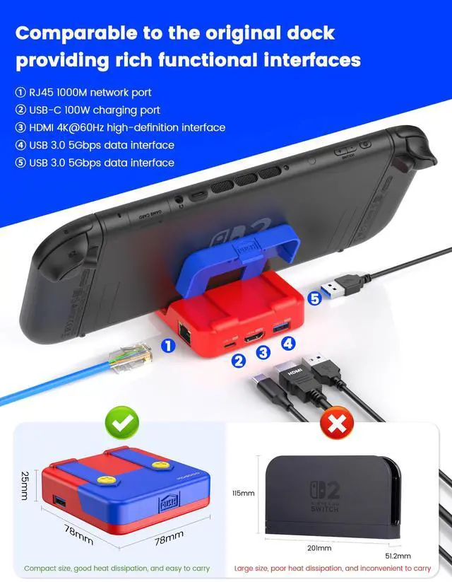 Alt view image 3 of 5 - MOGOOD Switch Dock for Switch Portable TV Docking Station with 4K HDMI,Ethernet Port,USB3.0,100W PD Charging Port for Official Switch 2