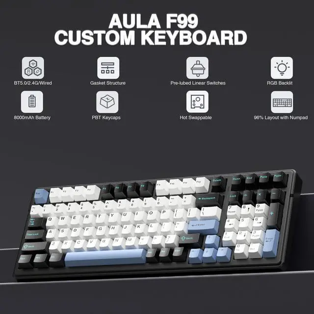 Alt view image 3 of 5 - AULA F99 Wireless Mechanical Keyboard,Tri-Mode BT5.0/2.4GHz/USB-C Hot Swappable Custom Keyboards+LEOBOG Graywood V3 Switches Set