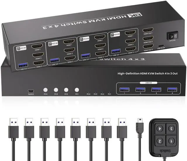 Main image of USB 3.0 HDMI KVM Switch 3 Monitors 4 Computers with 4 Port USB 3.0 Hub, 8K@60HZ 4K@120Hz 4 Port HDMI KVM Switch for 4 PCs Share 1 Set of Keyboard, Mouse and 3 Monitors