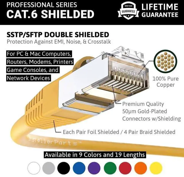 Alt view image 2 of 5 - InstallerParts Ethernet Cable CAT6 Cable Shielded (SSTP/SFTP) Booted 25 FT - Yellow - Professional Series - 10Gigabit/Sec Network/High Speed Internet Cable, 550MHZ