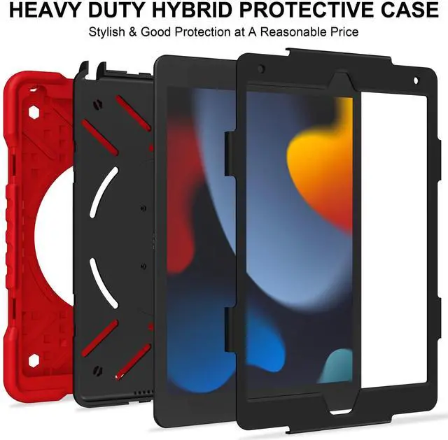 Alt view image 5 of 5 - Andnary Case for iPad 9th/8th/7th Generation 10.2 inch, Heavy Duty Shockproof Cover with 360° Rotating Handle/Bracket/Pen Holder/Shoulder Strap, Kids Case for iPad 2021/2020/2019 (Red+Black)
