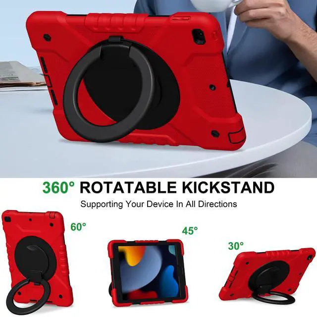 Alt view image 4 of 5 - Andnary Case for iPad 9th/8th/7th Generation 10.2 inch, Heavy Duty Shockproof Cover with 360° Rotating Handle/Bracket/Pen Holder/Shoulder Strap, Kids Case for iPad 2021/2020/2019 (Red+Black)