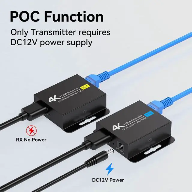 Alt view image 4 of 5 - 4K HDMI Over Ethernet Extender Over CAT5e/6 HDMI Extender RJ45 4K30Hz Upto 131 Ft 1080P Upto 196 Ft Supported EDID and POC Function Transmitter and Receiver with DC 12V Power Adapter