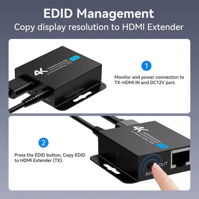 Alt view image 5 of 5 - 4K HDMI Over Ethernet Extender Over CAT5e/6 HDMI Extender RJ45 4K30Hz Upto 131 Ft 1080P Upto 196 Ft Supported EDID and POC Function Transmitter and Receiver with DC 12V Power Adapter
