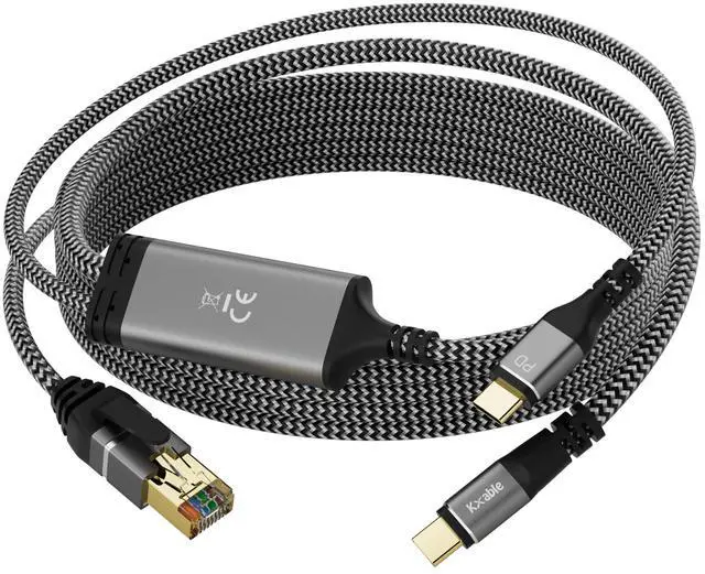 Main image of USB C to Ethernet Cable 10 FT, Type C to RJ45 Cord with USB-C Male 100W PD Fast Charging (PD Next to USB-C Port), Ethernet and Charging Two in One, Gigabit, for Macbook Surfing Internet and Charging