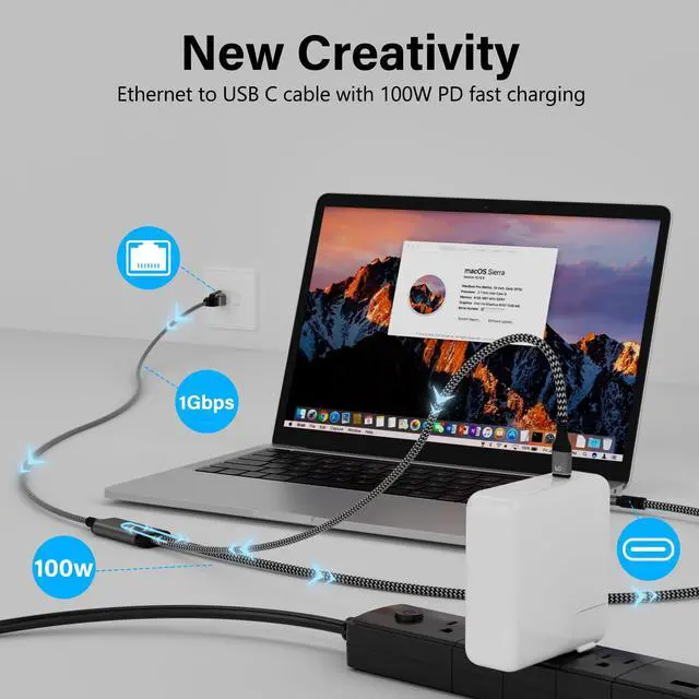 Alt view image 2 of 5 - USB C to Ethernet Cable 10 FT, Type C to RJ45 Cord with USB-C Male 100W PD Fast Charging (PD Next to USB-C Port), Ethernet and Charging Two in One, Gigabit, for Macbook Surfing Internet and Charging