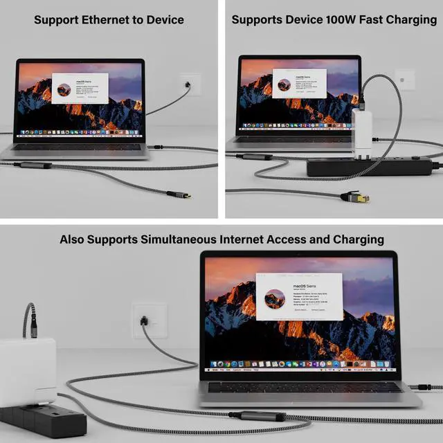 Alt view image 3 of 5 - USB C to Ethernet Cable 10 FT, Type C to RJ45 Cord with USB-C Male 100W PD Fast Charging (PD Next to USB-C Port), Ethernet and Charging Two in One, Gigabit, for Macbook Surfing Internet and Charging