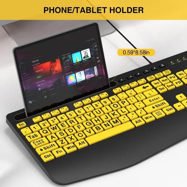 Alt view image 4 of 5 - SABLUTE Large Print Keyboard Wired Computer Keyboards with Wrist Rest, Phone Holder, Big Letters Easy to Read Compatible Windows, Desktop, Laptop, Yellow
