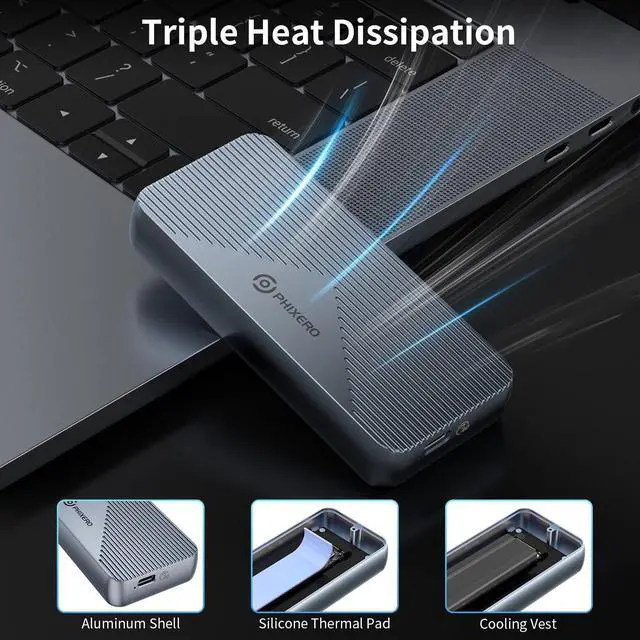 Alt view image 2 of 5 - M.2 NVME SSD Enclosure, USB 4.0 40Gbps Data Transfer, PHIXERO External Solid State Enclosure Adapter with UASP, for 2280 Size M Key NVMe SSD, Compatible with Thunderbolt 3/4 USB3.2/3.1/3.0/Type C