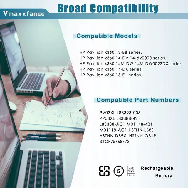 Alt view image 5 of 5 - Vmaxxfanee PV03XL PP03XL Laptop Battery Replacement for HP Pavilion x360 13-BB 14-DV 14-DW 14-DK 14M-DW 13-bb0xxx 14-dv0xxx 14m-dw0xxx 14-dw0xxx 14M-DW0023DX 14m-dw0013dx dw1013dx L83393-005