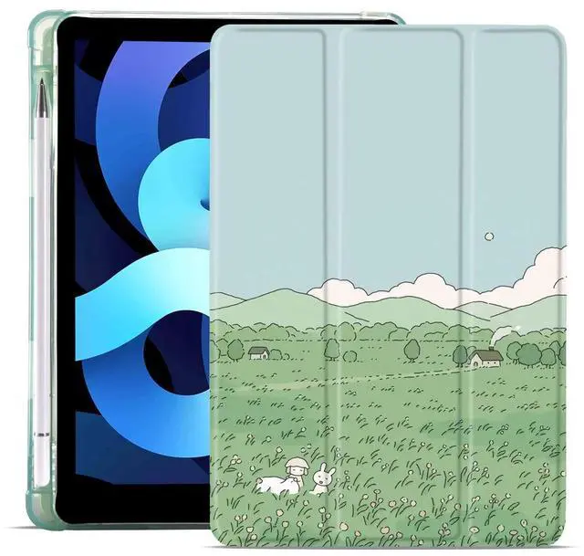 Main image of MAYCARI Cartoon Rabbit Flower Case for iPad 9.7 inch 2017/2018 with Pencil Holder, Cute iPad 5th/6th Generation Protective Case with Soft TPU Green, Auto Sleep/Wake Cover Slim Shell for Girls Women