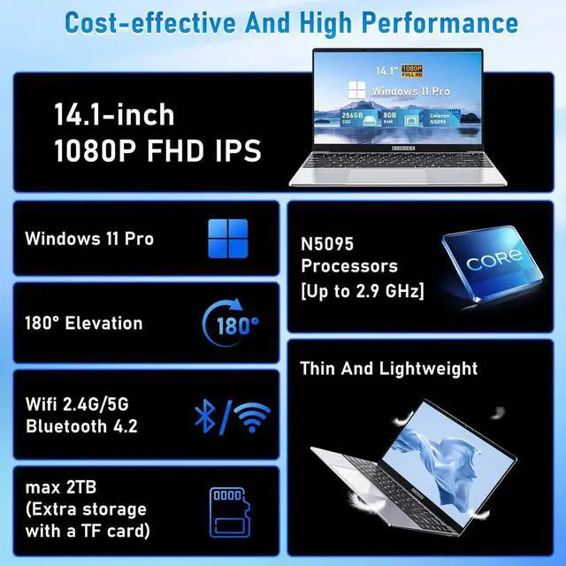 Alt view image 2 of 5 - FUNYET 14 Inch Gaming Laptop, Laptop Computer 2025 Win 11 Pro, 16GB RAM 1TB SSD, 11th Gen N5095 Processor(up to 2.9 GHz), FHD 1920 x 1080, BT 4.2