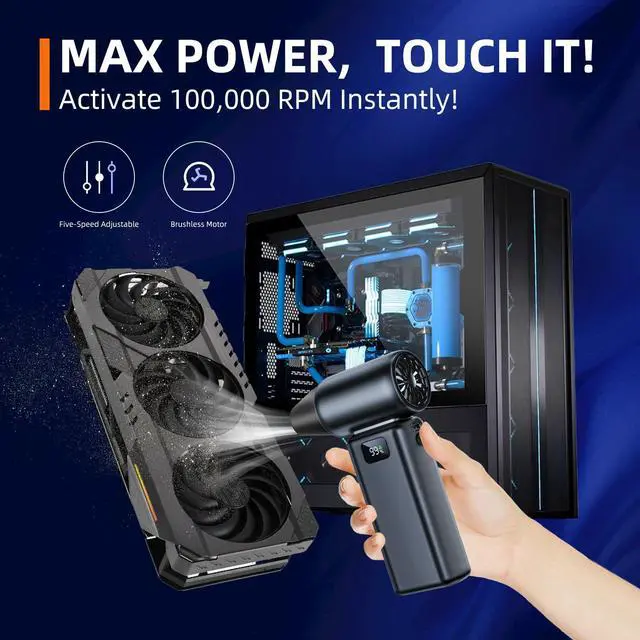 Alt view image 4 of 5 - Compressed Air Duster, 100000RPM Electric Air Duster, 5+1 Gear Adjustable Mini Blower with LED Light, Super High-Speed Air Blower for Keyboard,Car,Home & Outdoor Dust-Compact & Lightweigh