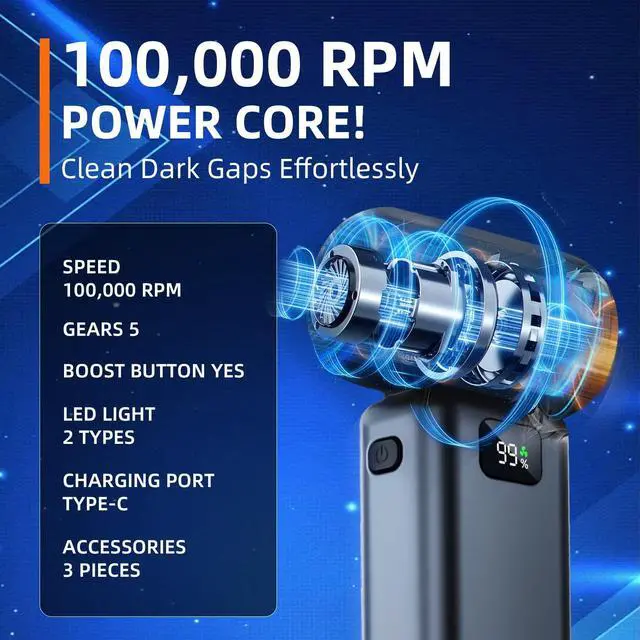 Alt view image 5 of 5 - Compressed Air Duster, 100000RPM Electric Air Duster, 5+1 Gear Adjustable Mini Blower with LED Light, Super High-Speed Air Blower for Keyboard,Car,Home & Outdoor Dust-Compact & Lightweigh