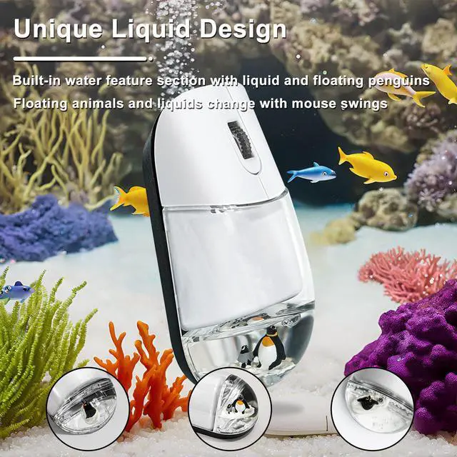Alt view image 2 of 5 - Wireless Mouse with Liquid Water Section & Floater Animal Portable Retro Silent Cute Aqua Mouse with USB Receiver Lightweight 1000DPI Optical Clear Water Mice for Laptop PC Computer (White, Penguin)