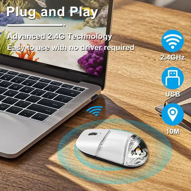 Alt view image 3 of 5 - Wireless Mouse with Liquid Water Section & Floater Animal Portable Retro Silent Cute Aqua Mouse with USB Receiver Lightweight 1000DPI Optical Clear Water Mice for Laptop PC Computer (White, Penguin)