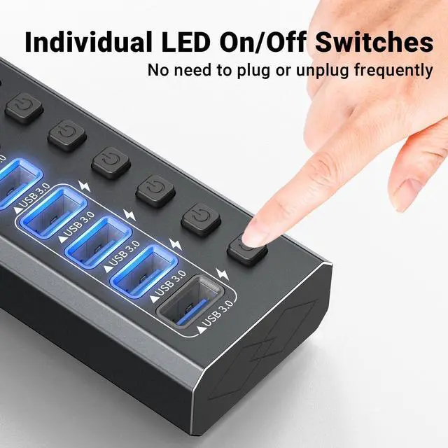 Alt view image 4 of 5 - Powered USB Hub 3.0, GKEAPZA 7-Port USB 3.0 Hub [Durable Aluminum] 7 Data Transfer Ports+ 4 Smart Charging Ports with Individual On/Off Switches, USB Hub 3.0 Powered with Power Adapter for Laptop PC