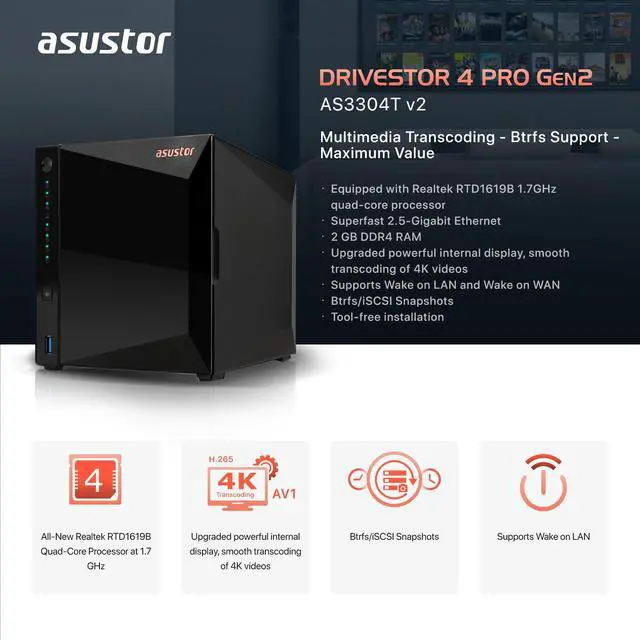 Alt view image 2 of 5 - Asustor Drivestor 4 Pro Gen2 AS3304T v2, 4 Bay NAS, 1.7GHz Quad-Core, 2.5GbE Port, 2GB RAM DDR4, Best Value for Home Media Server, Network Attached Storage(Diskless)