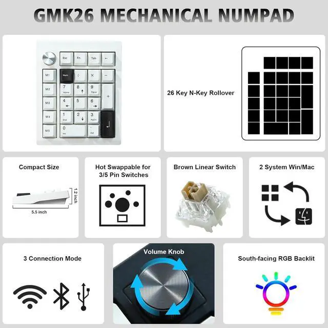 Alt view image 2 of 5 - BOYI GMK26 Mechanical Numpad,QMK/VIA Programmable BT5.0/2.4GHz/Type-C Hot Swappable Gasket RGB Wireless Number Pad Mini Keyboard Rechargeable Numeric Keypad with Knob(White)
