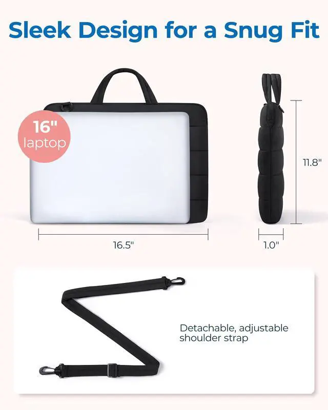 Alt view image 2 of 5 - BAGSMART 15-16 inch Laptop Sleeve Bag with Strap, Puffy Padded Laptop Case with Pocket, Portable MacBook Air/Pro 15 inch Case for Women, Repellent Protective Sleeve Compatible with Dell, HP, Black