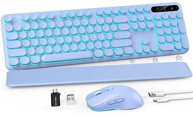 Main image of Wireless Keyboard and Mouse Combo, Backlit Round Keycaps, Retro Typewriter Keyboard with Detachable Wrist Rest, Rechargeable & Tilt Legs, 2.4GHz Cordless Connection for Mac/Windows/PC (Glowing Purple)