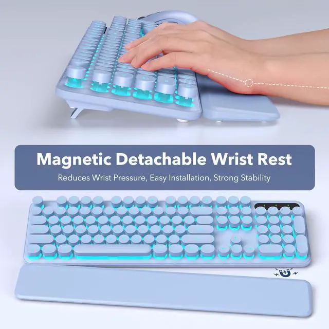 Alt view image 3 of 5 - Wireless Keyboard and Mouse Combo, Backlit Round Keycaps, Retro Typewriter Keyboard with Detachable Wrist Rest, Rechargeable & Tilt Legs, 2.4GHz Cordless Connection for Mac/Windows/PC (Glowing Purple)