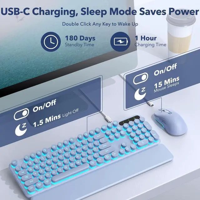 Alt view image 5 of 5 - Wireless Keyboard and Mouse Combo, Backlit Round Keycaps, Retro Typewriter Keyboard with Detachable Wrist Rest, Rechargeable & Tilt Legs, 2.4GHz Cordless Connection for Mac/Windows/PC (Glowing Purple)