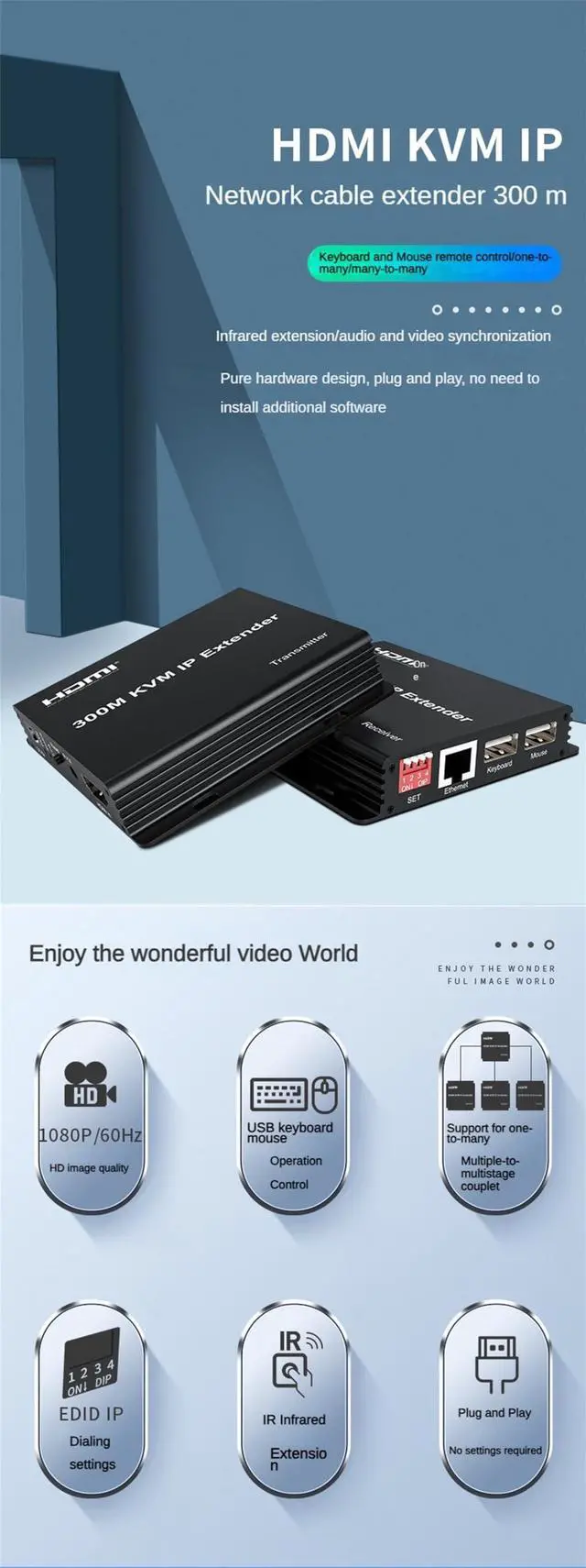 Alt view image 2 of 5 - 300M KVM IP Extender, HDMI Extende Over IP Rj45 Cat6 Ethernet Cable 1080P HDMI KVM Extender Muitlpoint Connect Network Switch Support Mouse Keyboard for PC DVR TV (TX+RX)