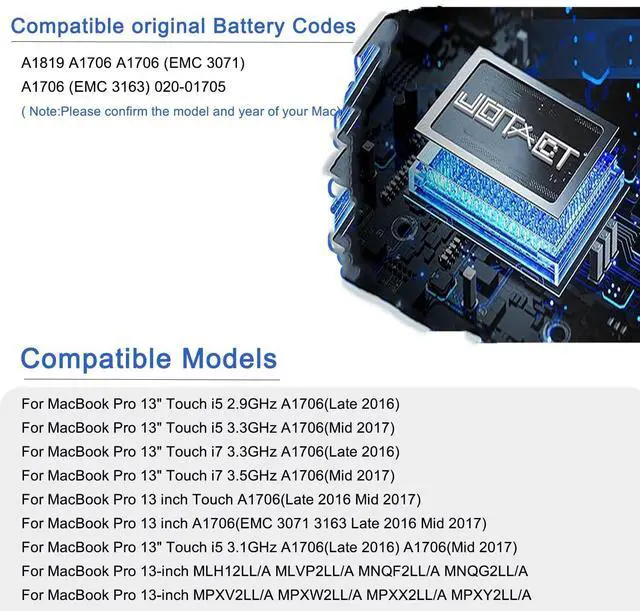 Alt view image 3 of 5 - JOTACT A1819 A1706 49.2Wh Laptop Battery Compatible with MacBook Pro 13 inch A1706 Late 2016 Mid 2017 EMC 3071 3163 11.4V
