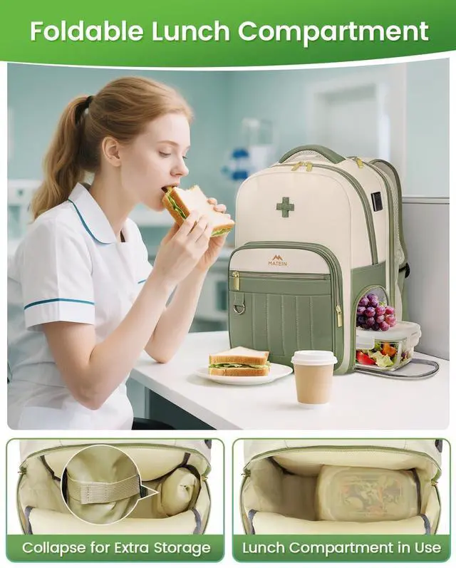 Alt view image 2 of 5 - MATEIN Nursing Backpack for Nurses, Nurse Backpack with Lunch Compartment & Removable Medical Essential Pouch, Home Health Clinical Bag with USB Charging Port for Work Nursing School Students