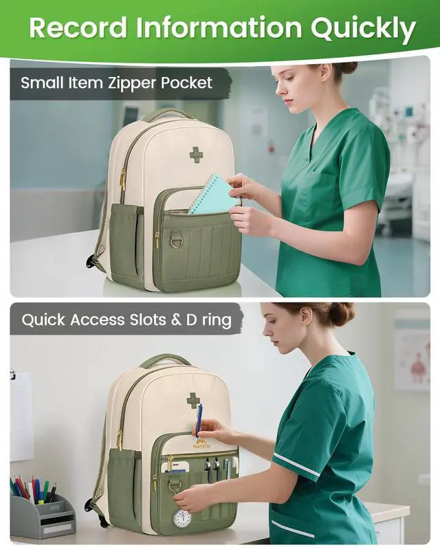 Alt view image 4 of 5 - MATEIN Nursing Backpack for Nurses, Nurse Backpack with Lunch Compartment & Removable Medical Essential Pouch, Home Health Clinical Bag with USB Charging Port for Work Nursing School Students