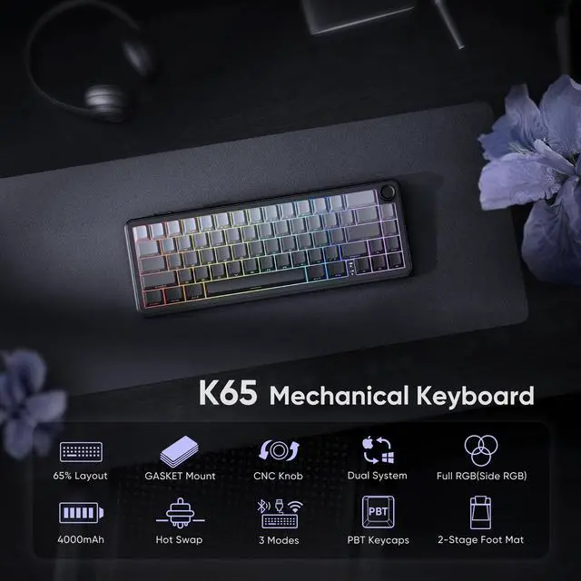 Alt view image 2 of 5 - RedThunder K65 Wireless Mechanical Gaming Keyboard, Trip-Modes Connection, Gasket Custom Hot-Swap Keyboard, RGB Backlit, Pre-lubed Linear Switches, Side Printed PBT Keycaps, Gradient Gray