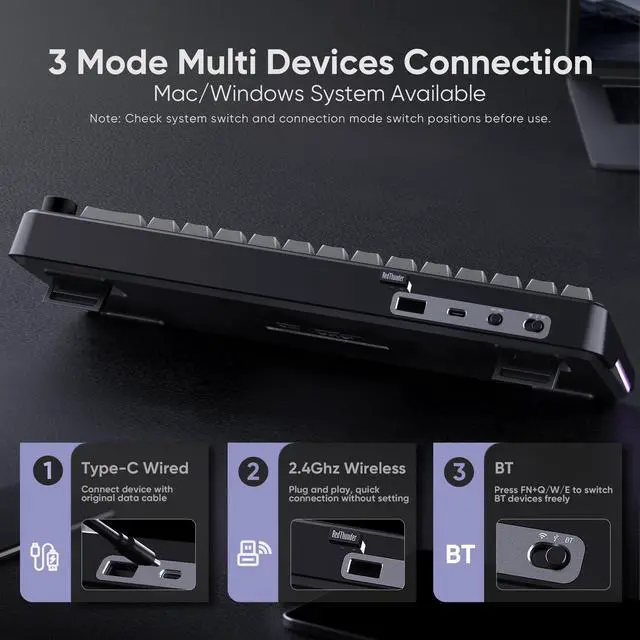 Alt view image 4 of 5 - RedThunder K65 Wireless Mechanical Gaming Keyboard, Trip-Modes Connection, Gasket Custom Hot-Swap Keyboard, RGB Backlit, Pre-lubed Linear Switches, Side Printed PBT Keycaps, Gradient Gray