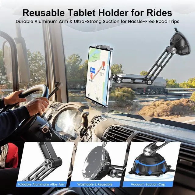 Alt view image 3 of 5 - PLDHPRO Tablet Car Mount for Dashboard Windshield Foldable Aluminum Alloy iPad Holder Vacuum Suction Cup Stand Compatible 5.1-15.6'' Phones Tablets for Truck Kitchen Wall