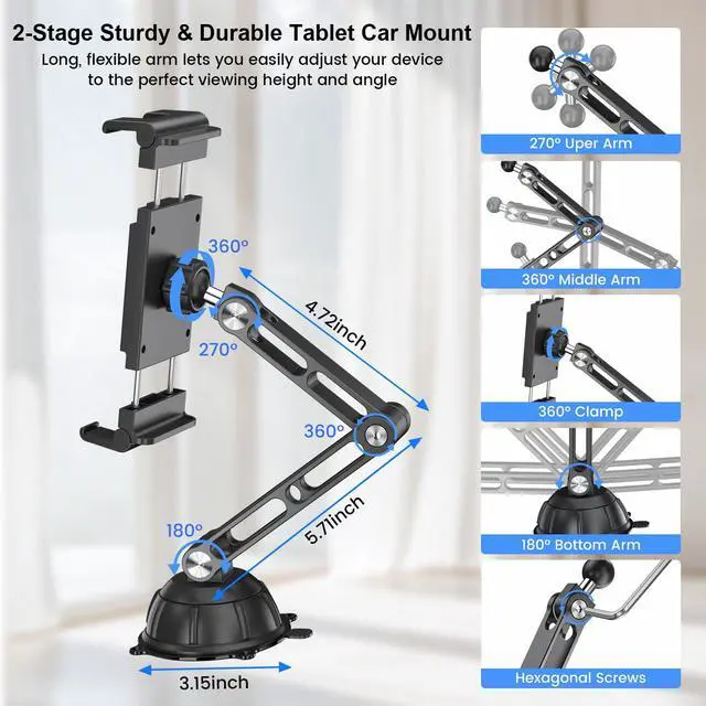 Alt view image 5 of 5 - PLDHPRO Tablet Car Mount for Dashboard Windshield Foldable Aluminum Alloy iPad Holder Vacuum Suction Cup Stand Compatible 5.1-15.6'' Phones Tablets for Truck Kitchen Wall