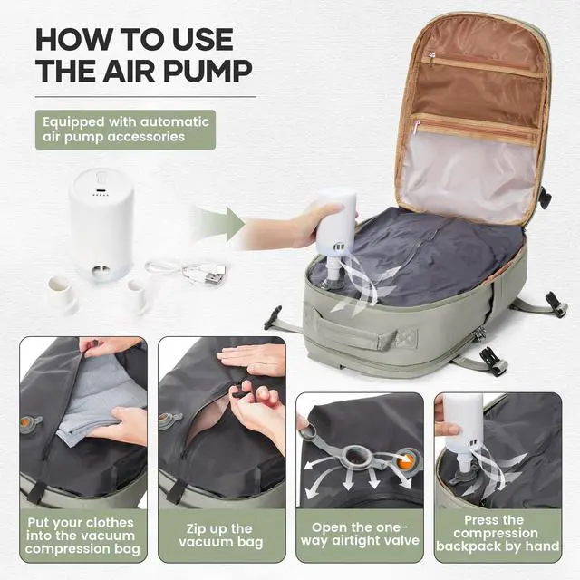 Alt view image 2 of 5 - UPPACK Vacuum Backpack Travel With Pump for Women Men Personal item Travel Bag Carry on Backpack Flight Approved Work College Casual Daypack Backpacks with Vacuum Compression Gray green