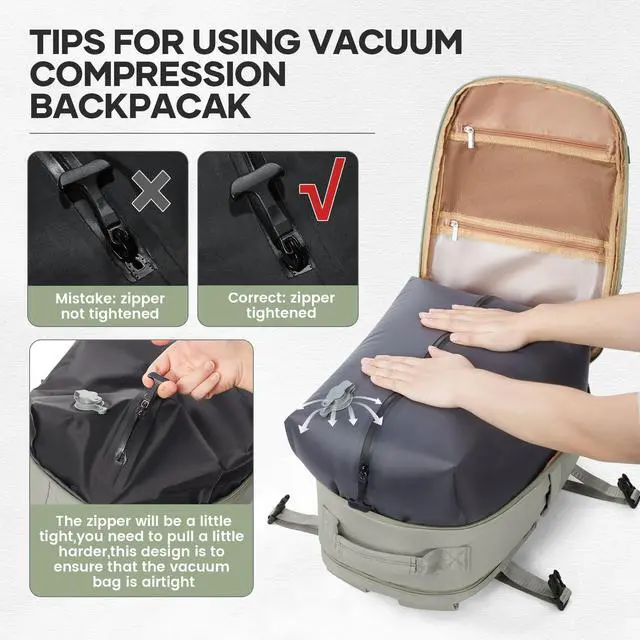 Alt view image 4 of 5 - UPPACK Vacuum Backpack Travel With Pump for Women Men Personal item Travel Bag Carry on Backpack Flight Approved Work College Casual Daypack Backpacks with Vacuum Compression Gray green