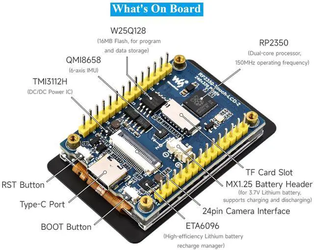 Alt view image 4 of 5 - RP2350 2inch Capacitive Touch Display Development Board, Onboard 240x320 Pixels IPS LCD 262K Color 16MB Flash, Tiny Size with Rich Interface-Camera Interface,GPIO, Type C, 6-Axis Sensor, etc