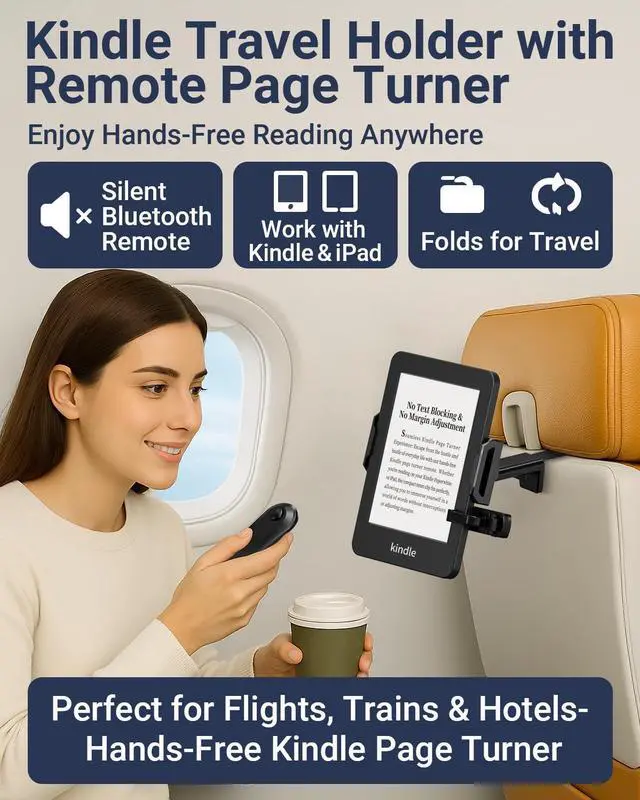Alt view image 2 of 5 - Kindle Travel Stand with Remote Page Turner  Foldable Kindle Holder and Clicker for Hands-Free Reading on Airplanes, Commutes & Camping