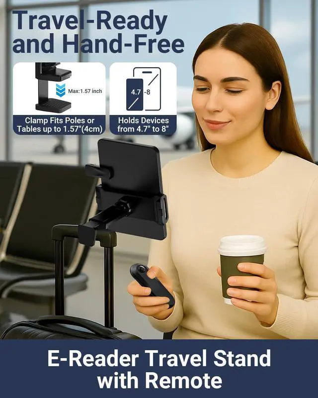 Alt view image 4 of 5 - Kindle Travel Stand with Remote Page Turner  Foldable Kindle Holder and Clicker for Hands-Free Reading on Airplanes, Commutes & Camping