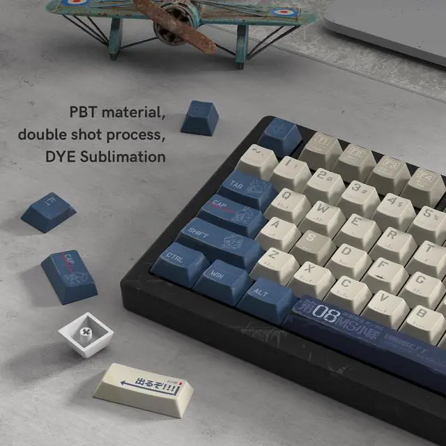 Alt view image 3 of 5 - dagaladoo Retro Japanese Anime PBT keycaps,Beige/Blue Keycaps 60% 65% 100%,Dye Sublimation Custom Key caps,Cherry Profile Keyboard Key caps for TKL US Layout Mechanical Keyboard