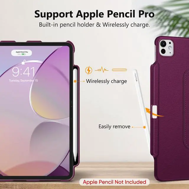 Alt view image 5 of 5 - Fintie Rotating Case for iPad Pro 13-inch (M4) 2024 with Pencil Holder - 360 Degree Swiveling Protective Stand Cover with Auto Wake/Sleep, Purple