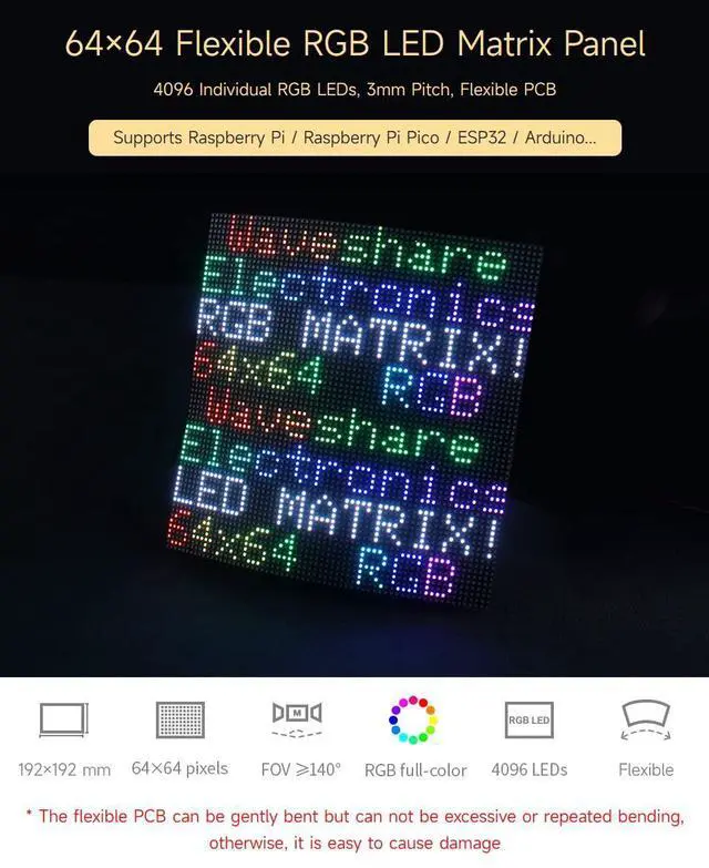 Alt view image 3 of 5 - Waveshare Flexible RGB Full-Color LED Matrix Panel, 3mm Pitch, 64×64 Pixels, Adjustable Brightness and Bendable PCB, Compatible with Raspberry Pi 5/4B/3B/Zero/Zero W/Zero 2W/Pico/Pico W/Pico WH